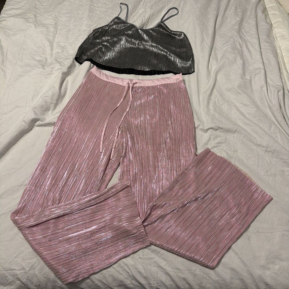 Victoria's Secret Shine Pleat Pajama Set Large Colorblock Metallic Cami Pants
